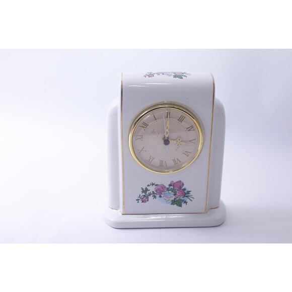 Paul Sebastian, White Mantel Clock, Porcelain, Floral, Shelf, Table Clock, 1996 - Picture 1 of 3